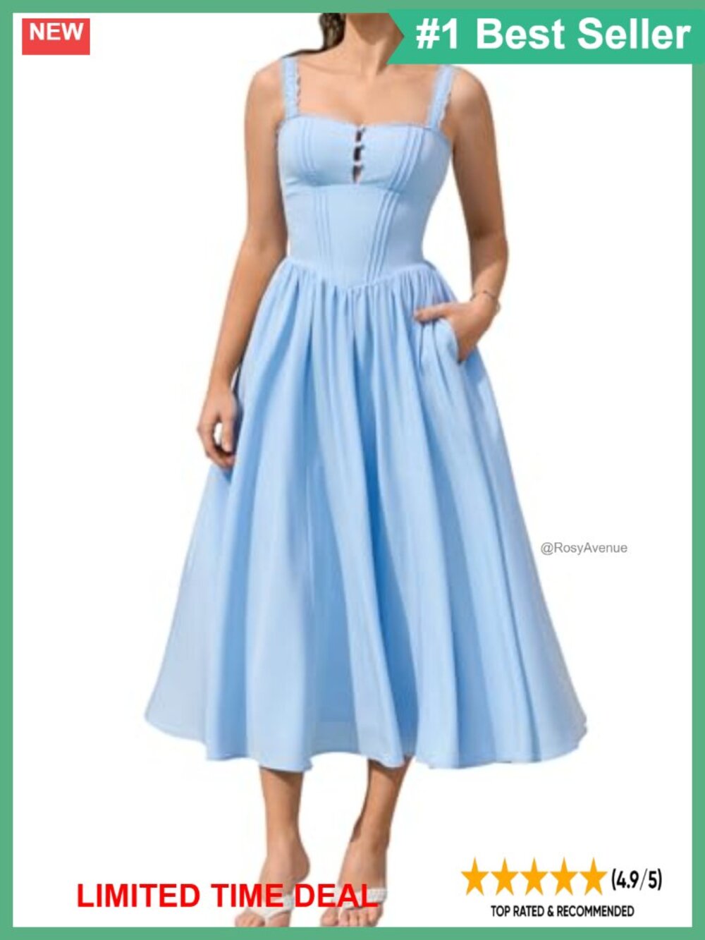 Corset Midi Dress Square Neck Smocked A-Line Flowy Wedding Guest